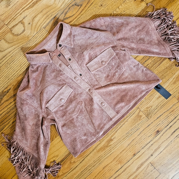 NWT Blank NYC Size M Faux Suede Pink Fringe Jacket Collared Cropped Western - Picture 4 of 10